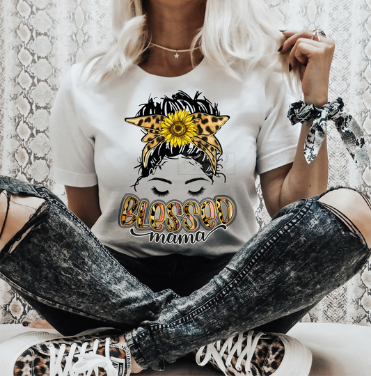 Blessed MAMA messy mom bun SUNFLOWER leopard  size ADULT  DTF TRANSFERPRINT TO ORDER