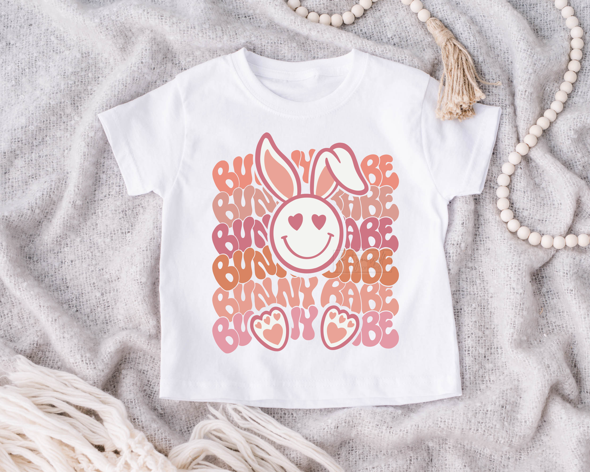 Bunny Babe Easter hearts smiley face  size KIDS 6..5 DTF TRANSFERPRINT TO ORDER