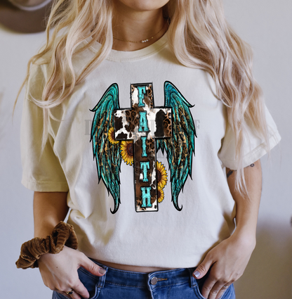 Faith Cross Wings sunflowers cow print turquoise  size ADULT 12x9.9 DTF TRANSFERPRINT TO ORDER