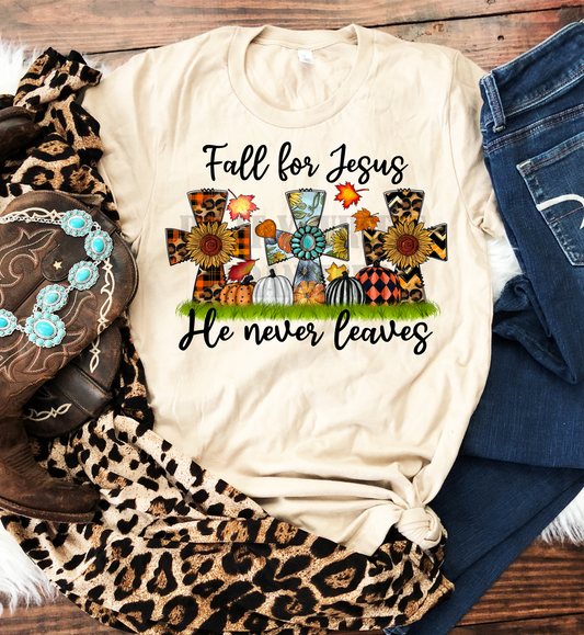 Fall for Jesus He never leaves Cross pumpkins sunflower  adult size  DTF TRANSFERPRINT TO ORDER