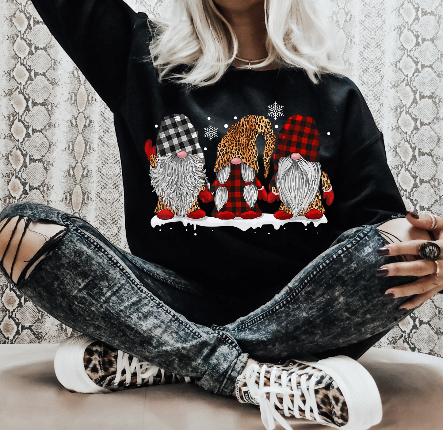 Gnomes Leopard Red buffalo plaid snowflakes Christmas winter  size ADULT  DTF TRANSFERPRINT TO ORDER
