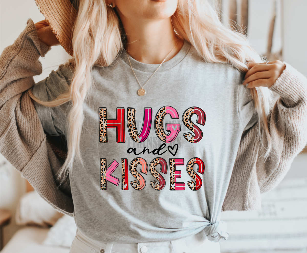 Hugs and Kisses pink red leopard Valentine's day  size  DTF TRANSFERPRINT TO ORDER