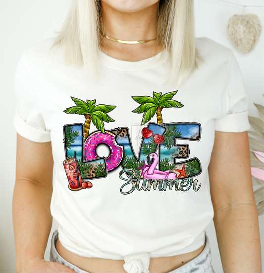 Love Summer palm trees flamingo floatie  ADULT  DTF TRANSFERPRINT TO ORDER