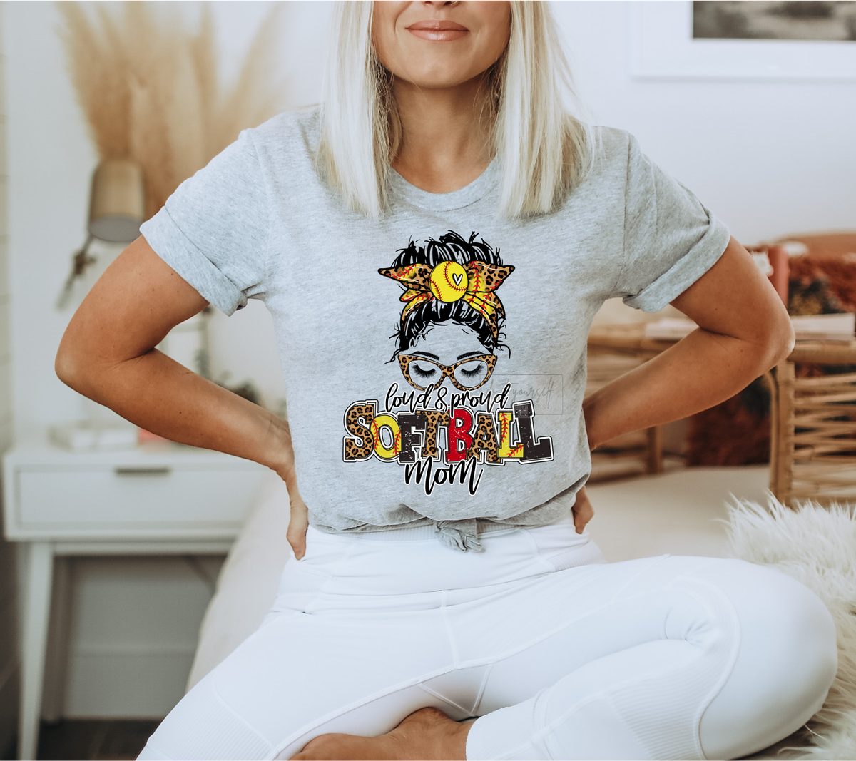Loud and Proud SOFTBALL Mom Messy mom bun glasses  size  DTF TRANSFERPRINT TO ORDER