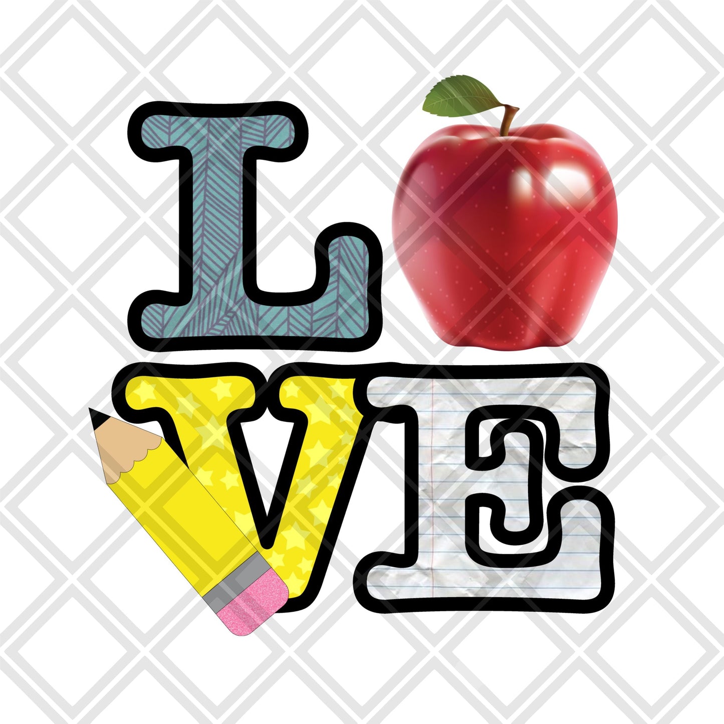 Love Pencil school apple DTF TRANSFERPRINT TO ORDER