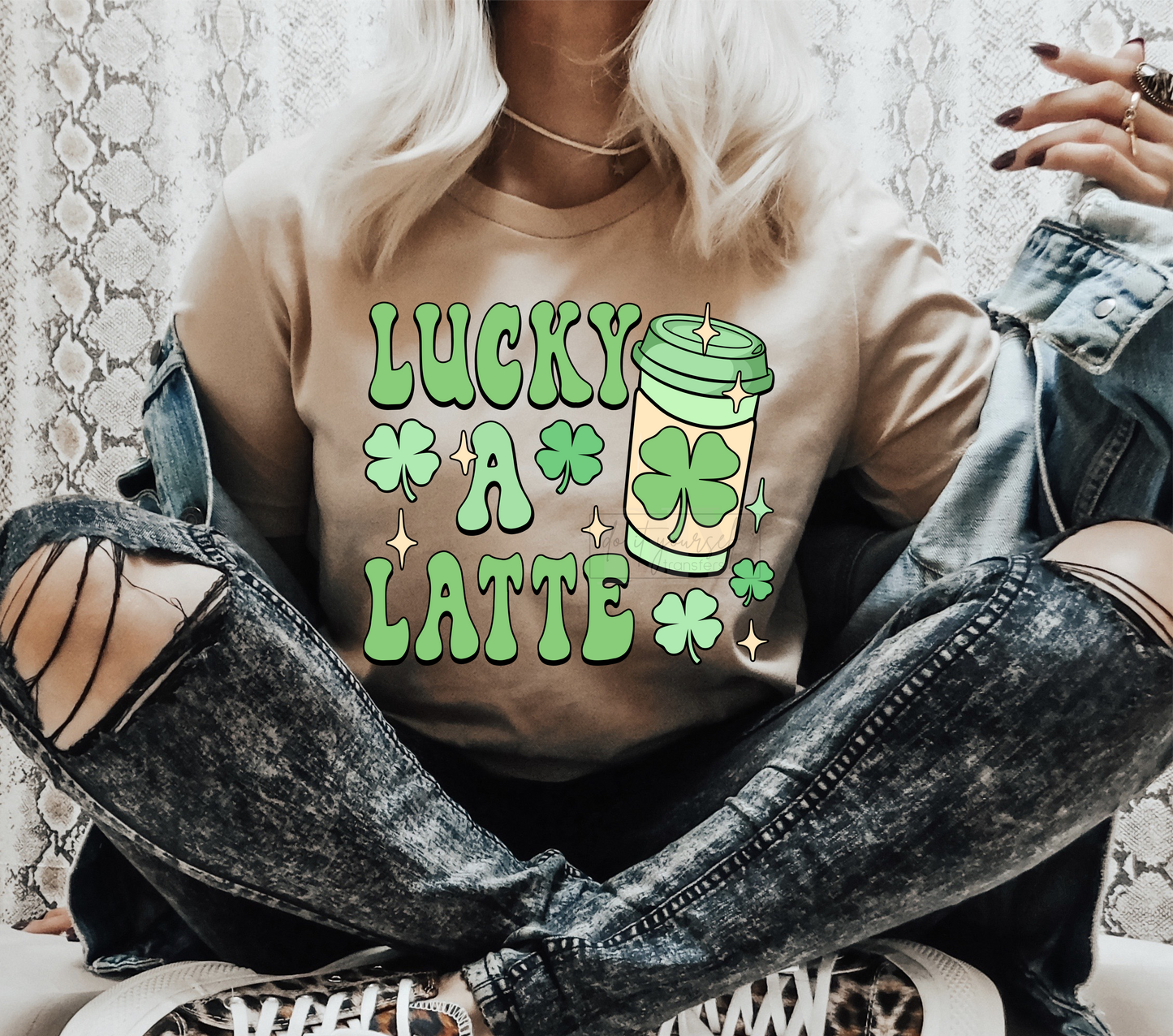 Lucky A Latte Coffe St. Patrick's Day Green clover   size ADULT  DTF TRANSFERPRINT TO ORDER