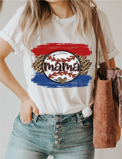 Mama Baseball RED WHITE BLUE leopard frame  size ADULT  DTF TRANSFERPRINT TO ORDER