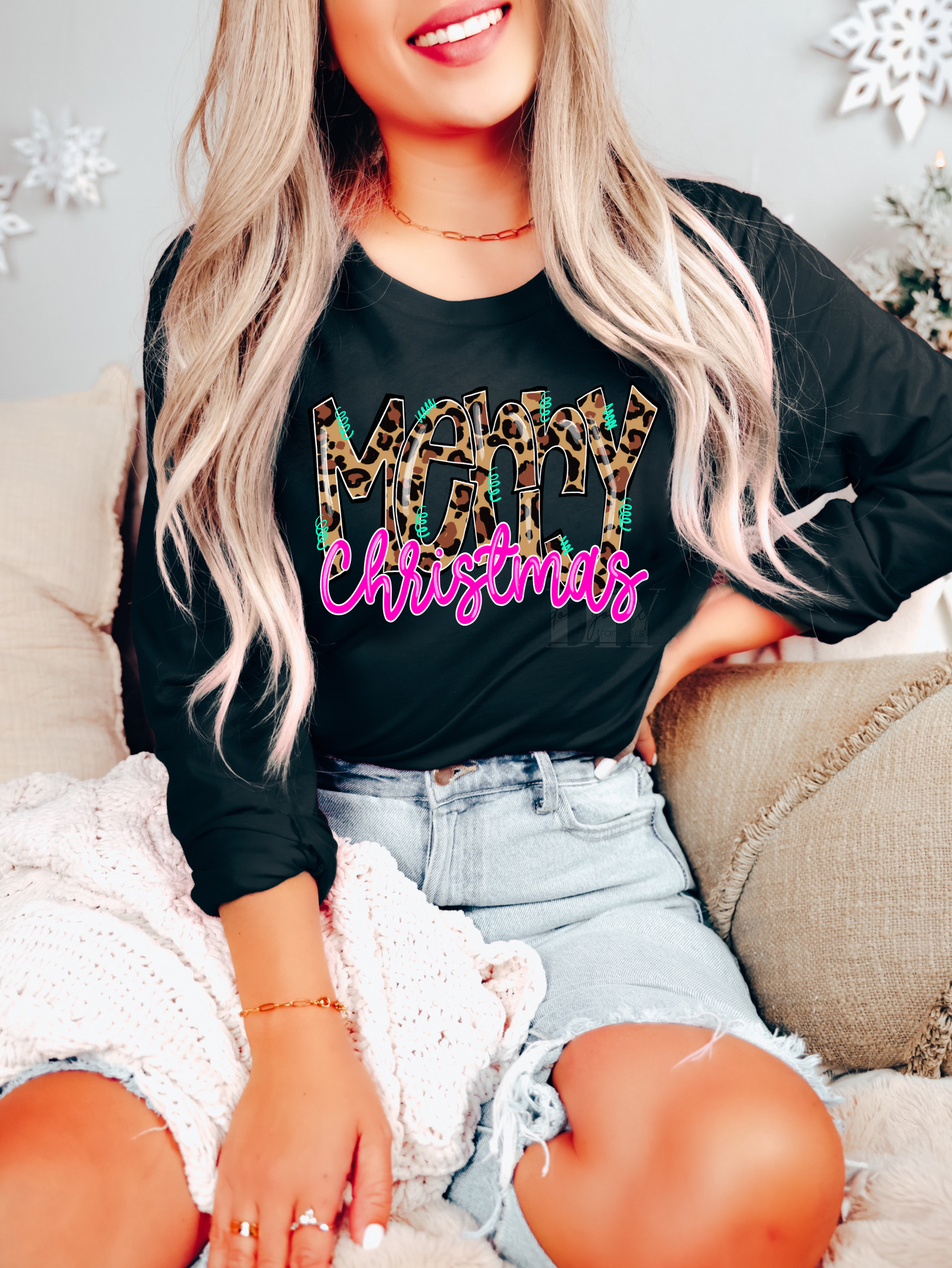 Merry Christmas Leopard pink letters  size ADULT  DTF TRANSFERPRINT TO ORDER