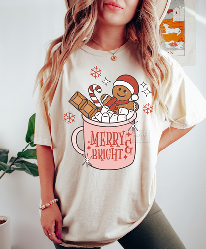 Merry & Bright Coffee Cup Hot coco Gingerbread  size ADULT 12x11 DTF TRANSFERPRINT TO ORDER