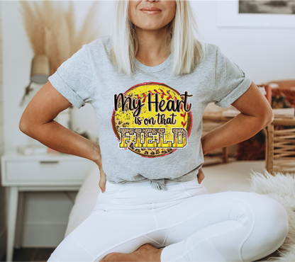 My Heart is on that field SOFTBALL circle leopard Yellow  size ADULT  DTF TRANSFERPRINT TO ORDER