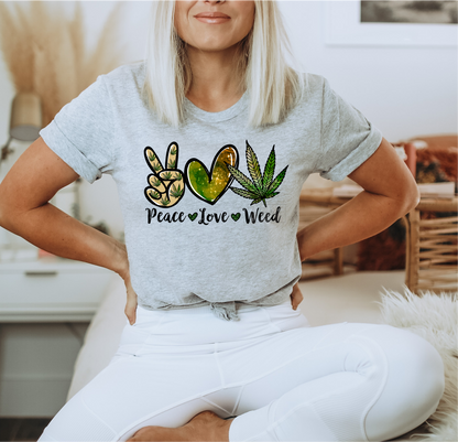 Peace love weed  size ADULT 7.5x12 DTF TRANSFERPRINT TO ORDER