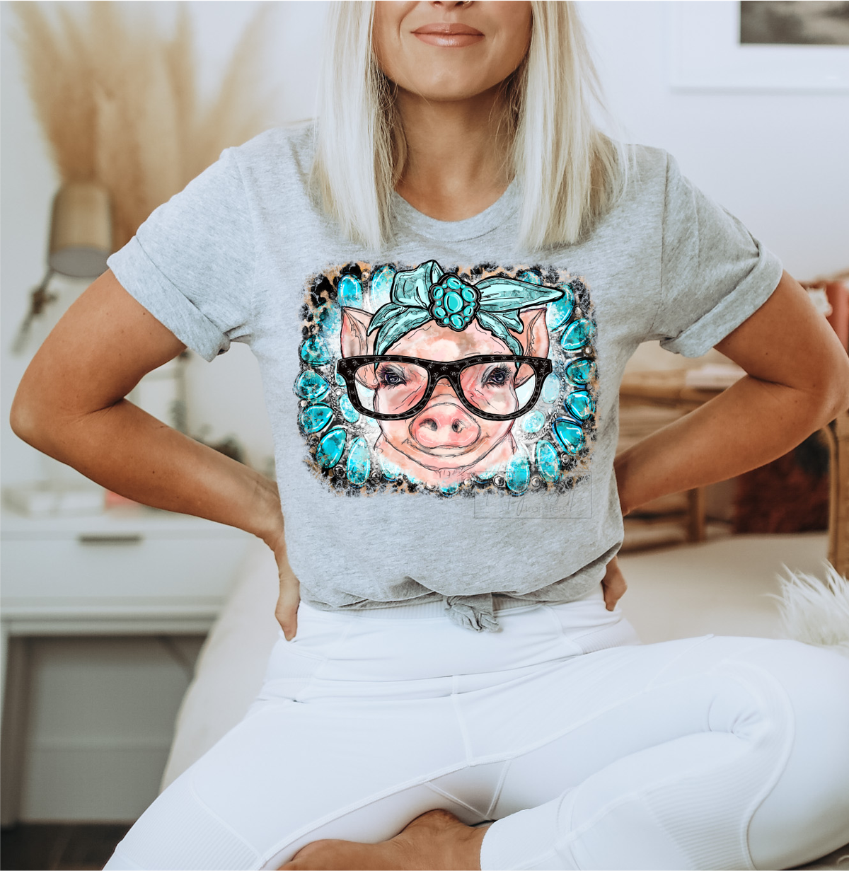 Pig with Glasses Turquoise stone Bandana  size ADULT  DTF TRANSFERPRINT TO ORDER
