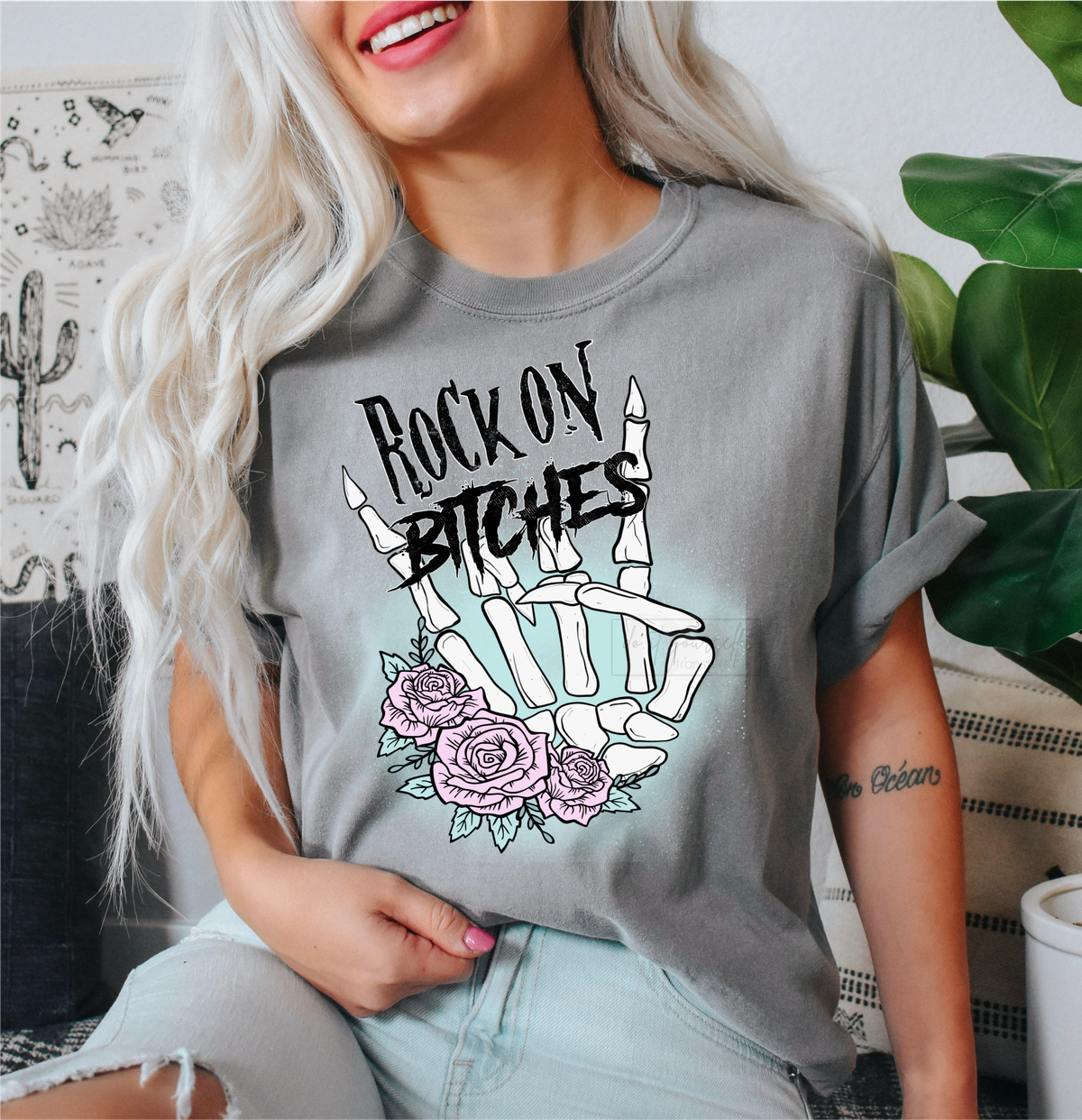 Rock on Bitches Skull hands flowers  size  DTF TRANSFERPRINT TO ORDER
