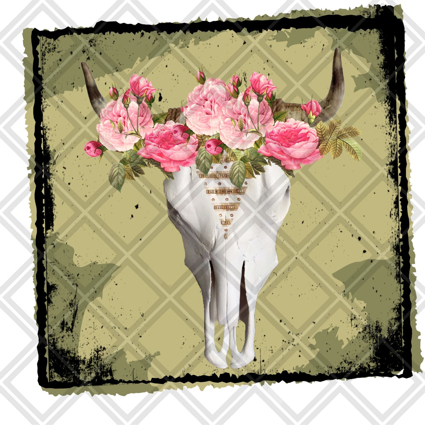 SKULL FLOWERS ROSES EYES FEATHERS with frame TRANSFERPRINT TO ORDER