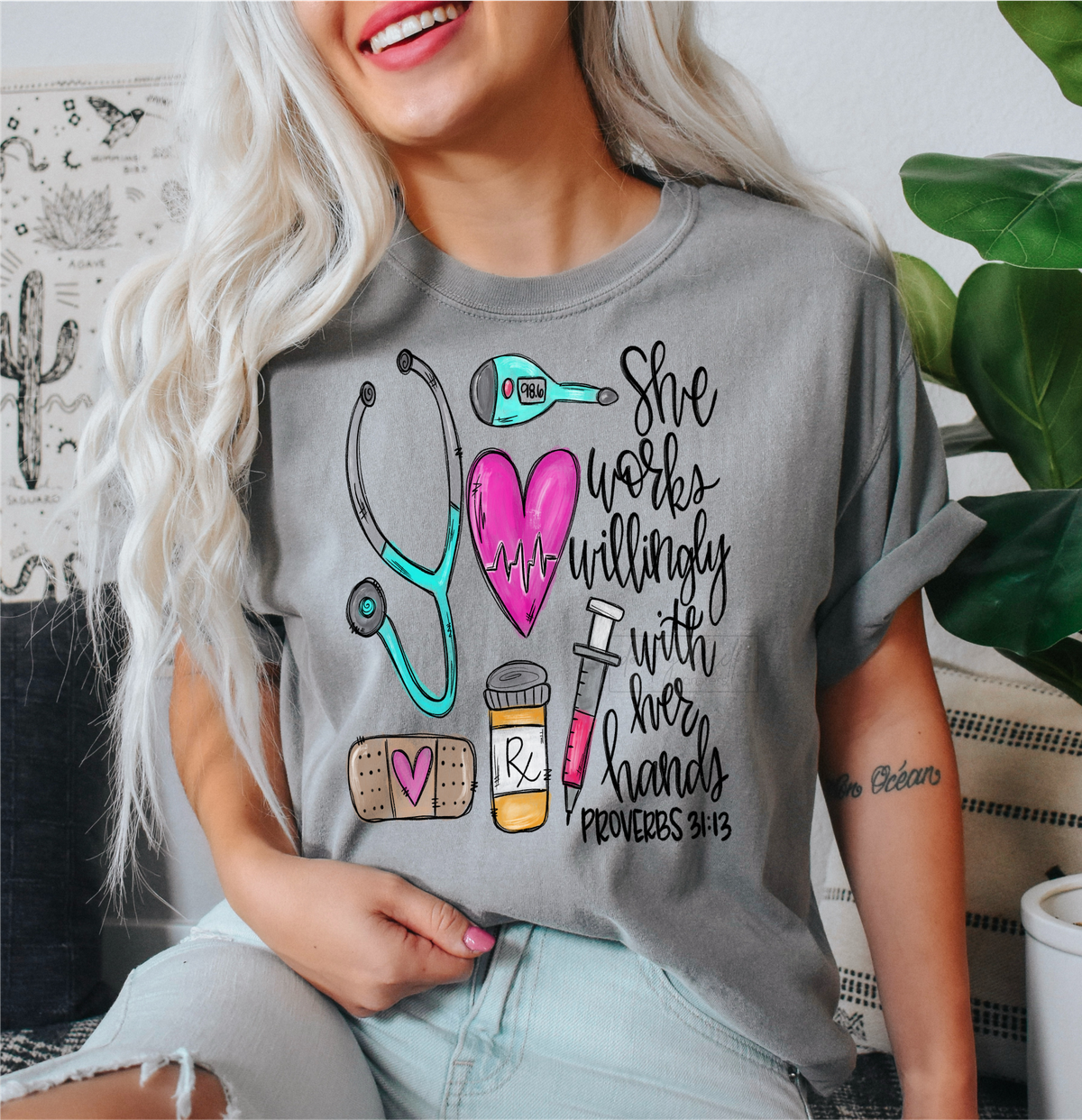 She works willingly with her hands proverbs 31:13 NURSE Doctor Healthcare  size ADULT  DTF TRANSFERPRINT TO ORDER