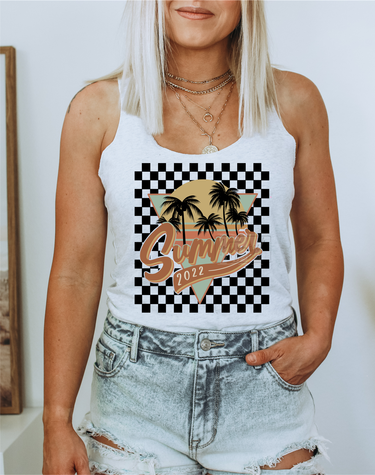 Summer 2022 Checkered Beach Lake River Palm trees Ocean  size ADULT  DTF TRANSFERPRINT TO ORDER