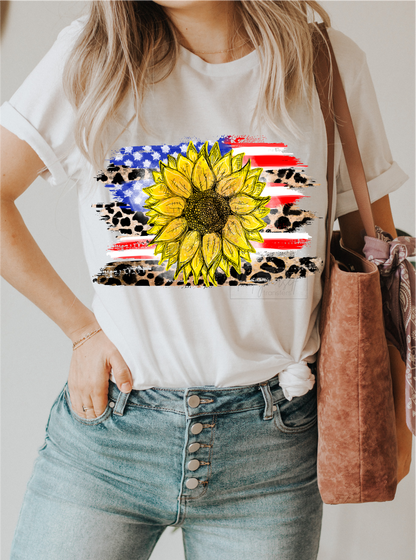 Sunflower American flag red white blue leopard  size ADULT  DTF TRANSFERPRINT TO ORDER