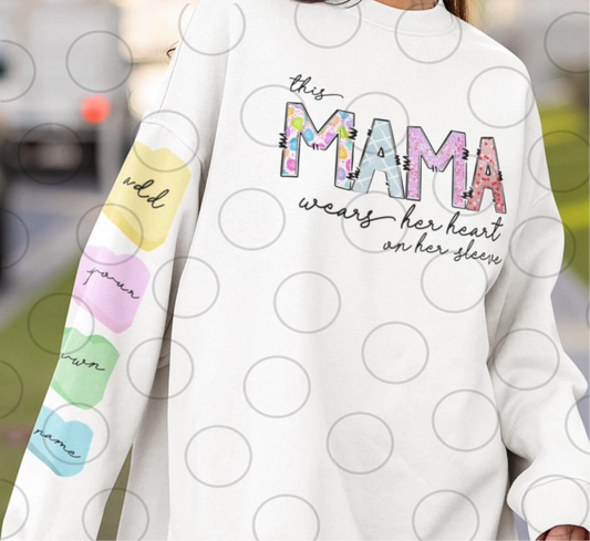 This MAMA wears her heart on her sleeves BLANK HEARTS   size ADULT  plus SLEEVE design DTF TRANSFERPRINT TO ORDER