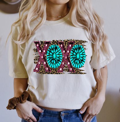 XOXO Leopard Jewel turquoise pink Valentine's Day  size ADULT 12.6x8 DTF TRANSFERPRINT TO ORDER
