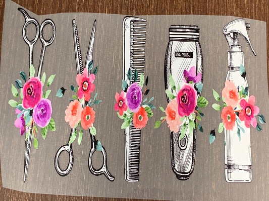 Hair dresser stylist scissors flowers clippers DTF TRANSFERPRINT TO ORDER